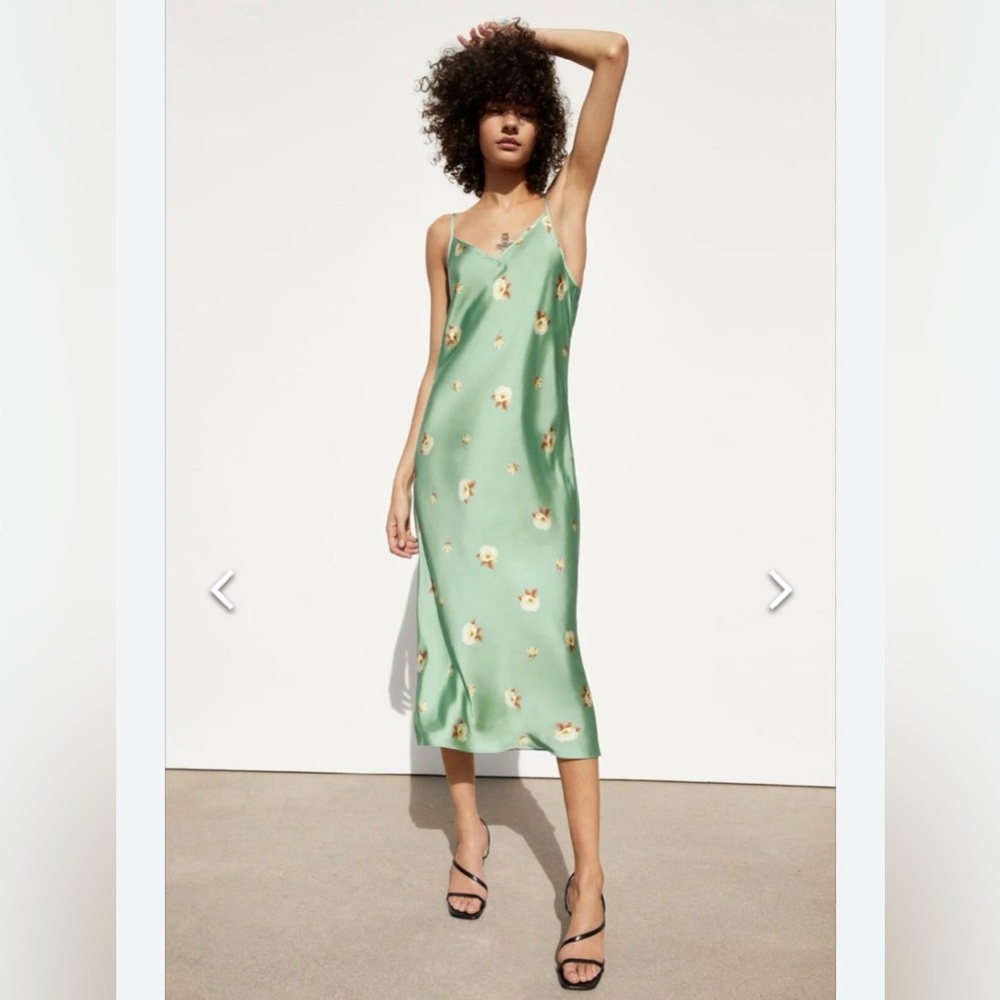 Zara Mint Green Floral Slip Midi Dress